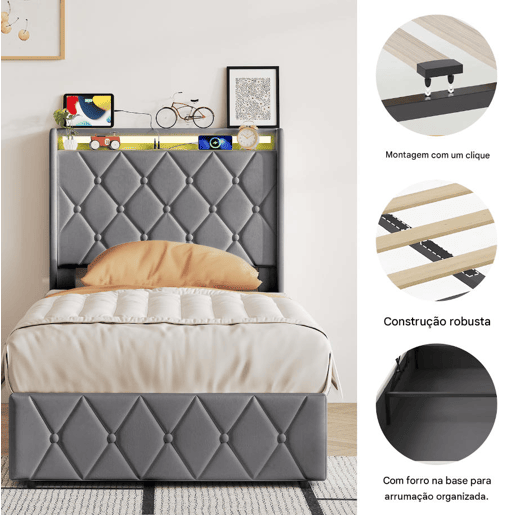 Cama estofada de 90x200 cm com baú, cama de veludo com sistema hidráulico, iluminação LED, porta de carregamento USB e Tipo-C, estrado de ripas, cinza. Cama estofada de 90x200 cm com baú, cama de veludo com sistema hidráulico, iluminação LED, porta de carregamento USB e Tipo-C, estrado de ripas, cinza.