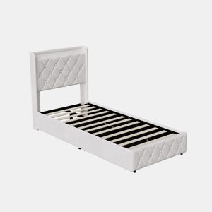 Cama estofada em veludo bege 90x200 cm com baú, cama com arrumação hidráulica, LED, porta de carregamento USB e Tipo-C, cama de solteiro com estrado de ripas.