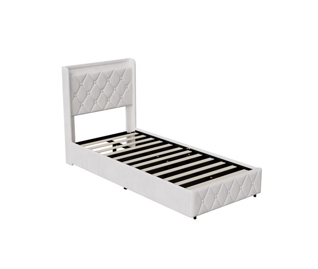 Cama tapizada de 90x200 cm en terciopelo beige con cajón, cama con almacenamiento hidráulico, iluminación led, puerto de carga usb y tipo c, cama