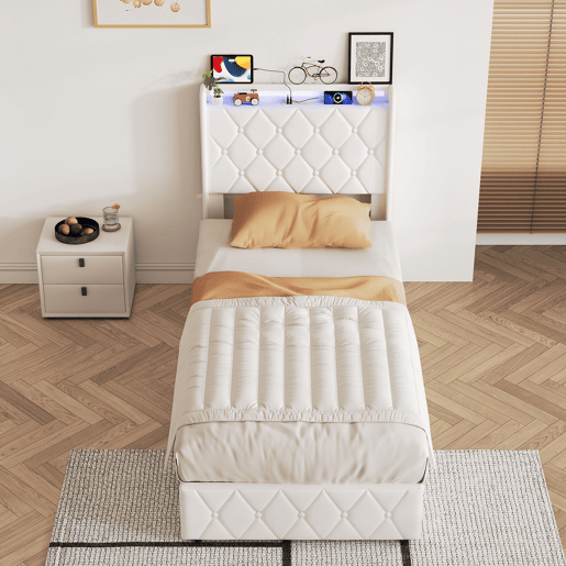 Cama estofada em veludo bege 90x200 cm com baú, cama com arrumação hidráulica, LED, porta de carregamento USB e Tipo-C, cama de solteiro com estrado de ripas. Cama estofada em veludo bege 90x200 cm com baú, cama com arrumação hidráulica, LED, porta de carregamento USB e Tipo-C, cama de solteiro com estrado de ripas.
