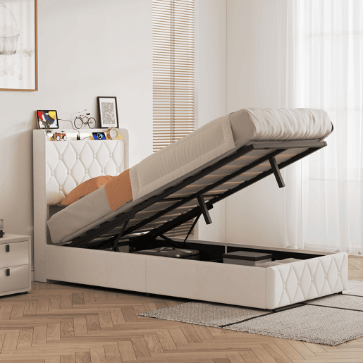 Cama estofada em veludo bege 90x200 cm com baú, cama com arrumação hidráulica, LED, porta de carregamento USB e Tipo-C, cama de solteiro com estrado de ripas. Cama estofada em veludo bege 90x200 cm com baú, cama com arrumação hidráulica, LED, porta de carregamento USB e Tipo-C, cama de solteiro com estrado de ripas.