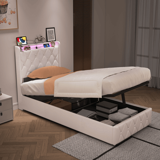 Cama estofada em veludo bege 90x200 cm com baú, cama com arrumação hidráulica, LED, porta de carregamento USB e Tipo-C, cama de solteiro com estrado de ripas. Cama estofada em veludo bege 90x200 cm com baú, cama com arrumação hidráulica, LED, porta de carregamento USB e Tipo-C, cama de solteiro com estrado de ripas.