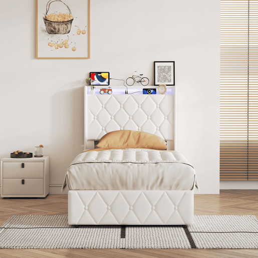 Cama estofada em veludo bege 90x200 cm com baú, cama com arrumação hidráulica, LED, porta de carregamento USB e Tipo-C, cama de solteiro com estrado de ripas. Cama estofada em veludo bege 90x200 cm com baú, cama com arrumação hidráulica, LED, porta de carregamento USB e Tipo-C, cama de solteiro com estrado de ripas.