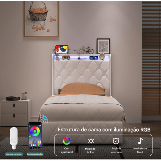 Cama estofada em veludo bege 90x200 cm com baú, cama com arrumação hidráulica, LED, porta de carregamento USB e Tipo-C, cama de solteiro com estrado de ripas. Cama estofada em veludo bege 90x200 cm com baú, cama com arrumação hidráulica, LED, porta de carregamento USB e Tipo-C, cama de solteiro com estrado de ripas.