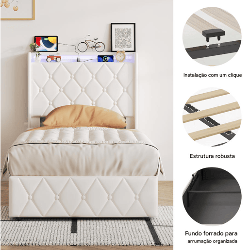 Cama estofada em veludo bege 90x200 cm com baú, cama com arrumação hidráulica, LED, porta de carregamento USB e Tipo-C, cama de solteiro com estrado de ripas. Cama estofada em veludo bege 90x200 cm com baú, cama com arrumação hidráulica, LED, porta de carregamento USB e Tipo-C, cama de solteiro com estrado de ripas.