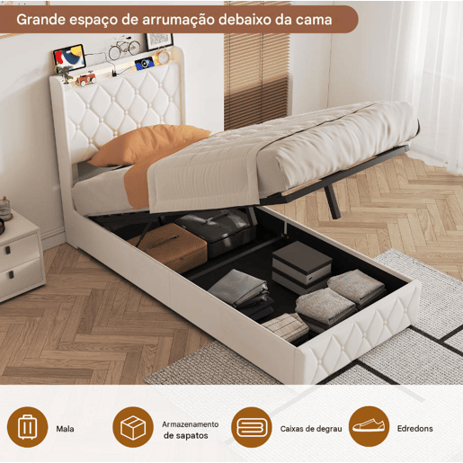 Cama estofada em veludo bege 90x200 cm com baú, cama com arrumação hidráulica, LED, porta de carregamento USB e Tipo-C, cama de solteiro com estrado de ripas. Cama estofada em veludo bege 90x200 cm com baú, cama com arrumação hidráulica, LED, porta de carregamento USB e Tipo-C, cama de solteiro com estrado de ripas.