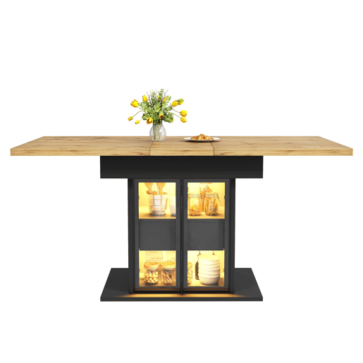 Mesa de jantar extensível de 110-140 cm u2014 com espaço de arrumação, LED RGB e portas de vidro u2014 Preto