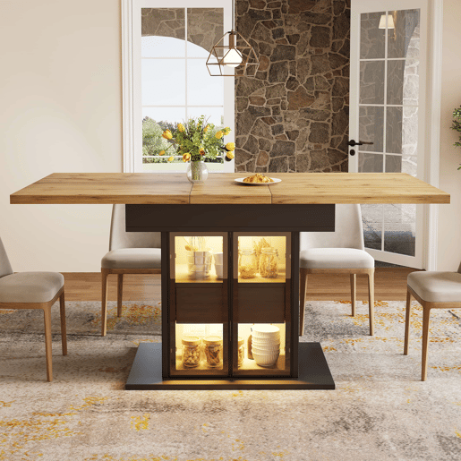 Mesa de jantar extensível de 110-140 cm u2014 com espaço de arrumação, LED RGB e portas de vidro u2014 Preto