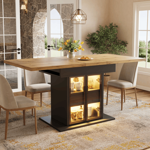 Mesa de jantar extensível de 110-140 cm u2014 com espaço de arrumação, LED RGB e portas de vidro u2014 Preto