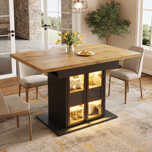 Mesa de jantar extensível de 110-140 cm u2014 com espaço de arrumação, LED RGB e portas de vidro u2014 Preto