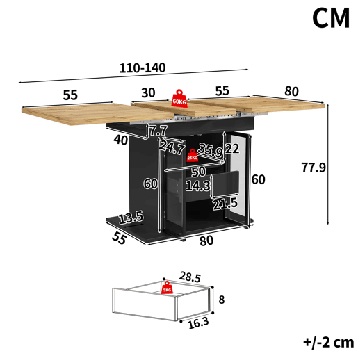 Mesa de jantar extensível de 110-140 cm u2014 com espaço de arrumação, LED RGB e portas de vidro u2014 Preto