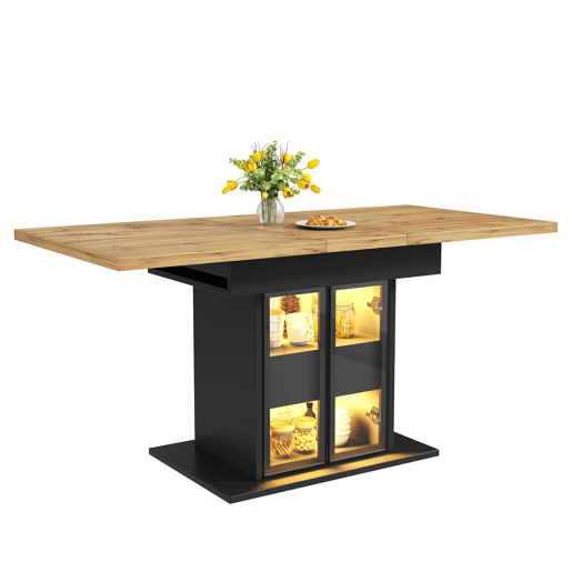 Mesa de jantar extensível de 110-140 cm u2014 com espaço de arrumação, LED RGB e portas de vidro u2014 Preto