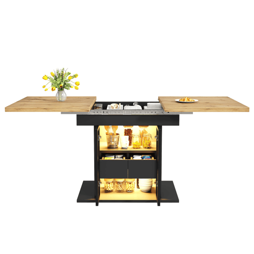 Mesa de jantar extensível de 110-140 cm u2014 com espaço de arrumação, LED RGB e portas de vidro u2014 Preto