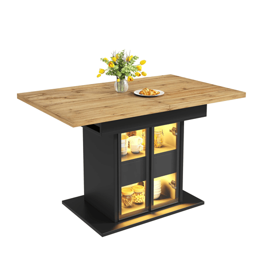 Mesa de jantar extensível de 110-140 cm u2014 com espaço de arrumação, LED RGB e portas de vidro u2014 Preto