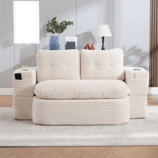 Poltrona-cama de 2 lugares - sofá-cama 2 em 1 em veludo, com encosto alto, braços ajustáveis e porta-copos - Bege Poltrona-cama de 2 lugares - sofá-cama 2 em 1 em veludo, com encosto alto, braços ajustáveis e porta-copos - Bege