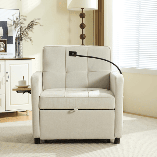 Poltrona-cama 2 em 1 individual u2014 com almofada, mesinha lateral, bolsos laterais e saco de arrumação u2014 Chenille bege