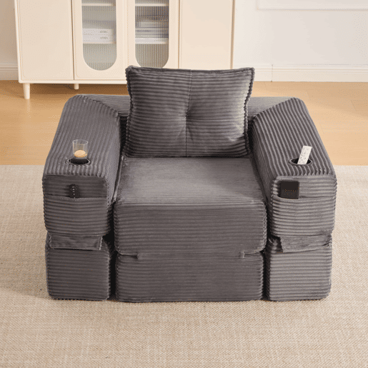 Sofá-cama individual - 1 lugar, assento em espuma de alta densidade e molas ensacadas, bolso lateral e porta-copos, encosto estável, montagem fácil - Cinza escuro Sofá-cama individual - 1 lugar, assento em espuma de alta densidade e molas ensacadas, bolso lateral e porta-copos, encosto estável, montagem fácil - Cinza escuro
