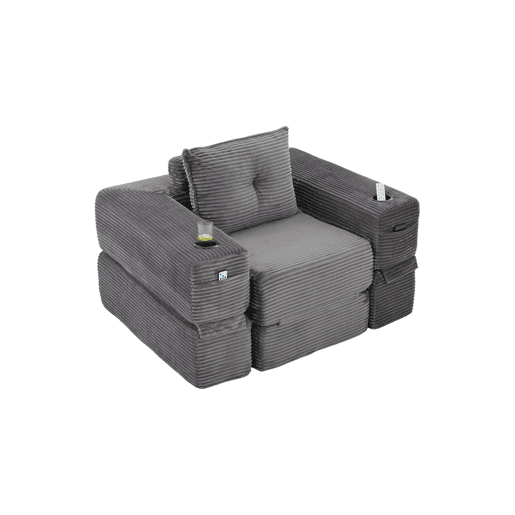 Sofá-cama individual - 1 lugar, assento em espuma de alta densidade e molas ensacadas, bolso lateral e porta-copos, encosto estável, montagem fácil - Cinza escuro Sofá-cama individual - 1 lugar, assento em espuma de alta densidade e molas ensacadas, bolso lateral e porta-copos, encosto estável, montagem fácil - Cinza escuro