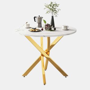 Mesa de jantar redonda 80x80x75 cm u2013 tampo com efeito de mármore, pernas douradas, estilo moderno minimalista u2013 dourado e branco