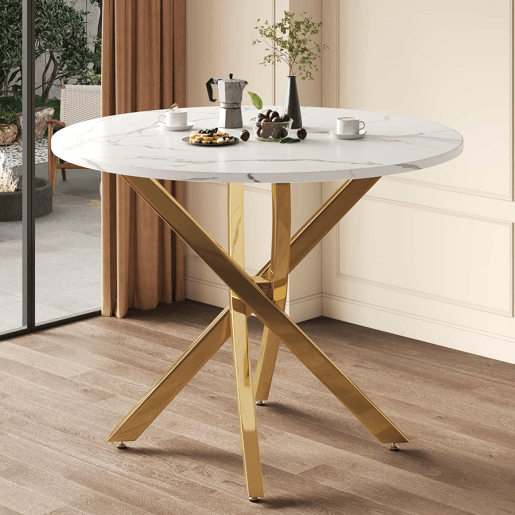 Mesa de jantar redonda 80x80x75 cm u2013 tampo com efeito de mármore, pernas douradas, estilo moderno minimalista u2013 dourado e branco Mesa de jantar redonda 80x80x75 cm u2013 tampo com efeito de mármore, pernas douradas, estilo moderno minimalista u2013 dourado e branco