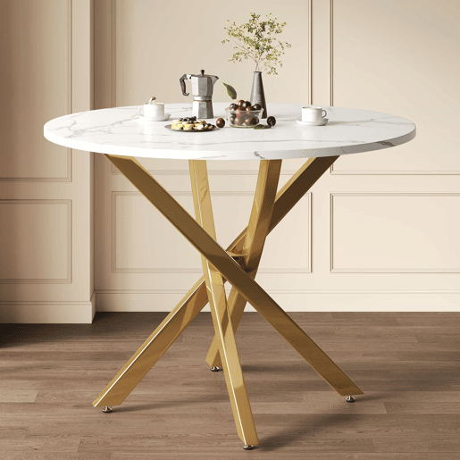 Mesa de jantar redonda 80x80x75 cm u2013 tampo com efeito de mármore, pernas douradas, estilo moderno minimalista u2013 dourado e branco Mesa de jantar redonda 80x80x75 cm u2013 tampo com efeito de mármore, pernas douradas, estilo moderno minimalista u2013 dourado e branco
