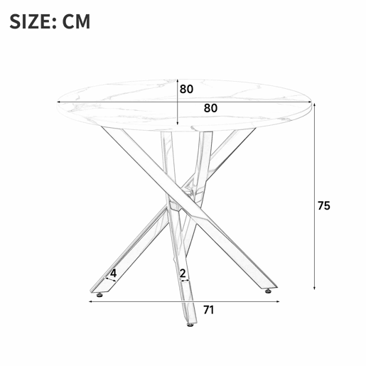 Mesa de jantar redonda 80x80x75 cm u2013 tampo com efeito de mármore, pernas douradas, estilo moderno minimalista u2013 dourado e branco Mesa de jantar redonda 80x80x75 cm u2013 tampo com efeito de mármore, pernas douradas, estilo moderno minimalista u2013 dourado e branco
