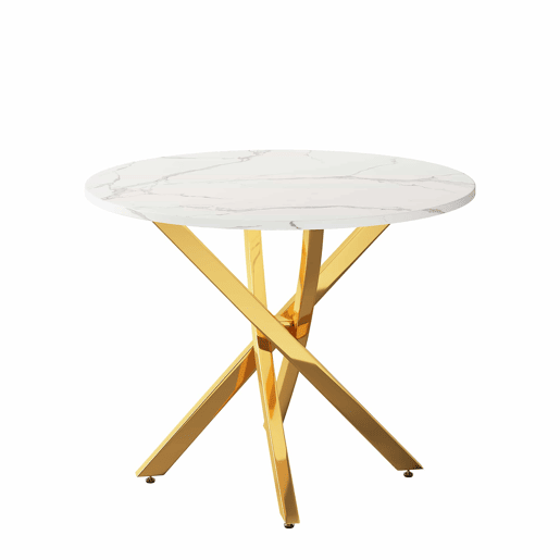 Mesa de jantar redonda 80x80x75 cm u2013 tampo com efeito de mármore, pernas douradas, estilo moderno minimalista u2013 dourado e branco Mesa de jantar redonda 80x80x75 cm u2013 tampo com efeito de mármore, pernas douradas, estilo moderno minimalista u2013 dourado e branco
