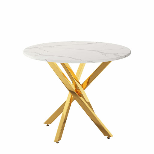 Mesa de jantar redonda 80x80x75 cm u2013 tampo com efeito de mármore, pernas douradas, estilo moderno minimalista u2013 dourado e branco Mesa de jantar redonda 80x80x75 cm u2013 tampo com efeito de mármore, pernas douradas, estilo moderno minimalista u2013 dourado e branco