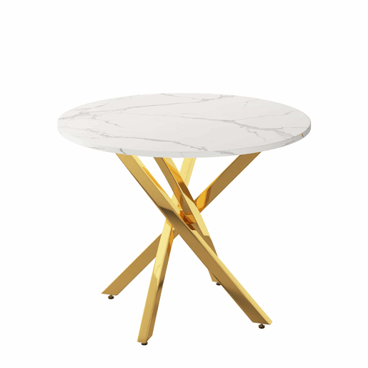 Mesa de jantar redonda 80x80x75 cm u2013 tampo com efeito de mármore, pernas douradas, estilo moderno minimalista u2013 dourado e branco Mesa de jantar redonda 80x80x75 cm u2013 tampo com efeito de mármore, pernas douradas, estilo moderno minimalista u2013 dourado e branco