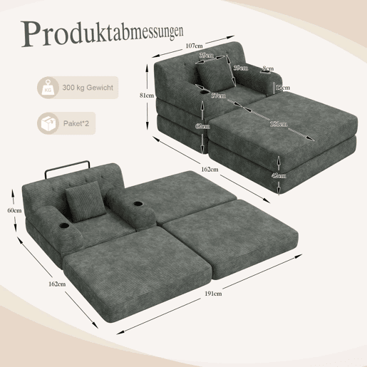 Sofá-cama individual de 1 lugar - poltrona reclinável em veludo cotelê com banquinho, encosto alto, estrutura metálica, espuma de alta densidade, porta-copos e bolsos laterais - Cinza escuro