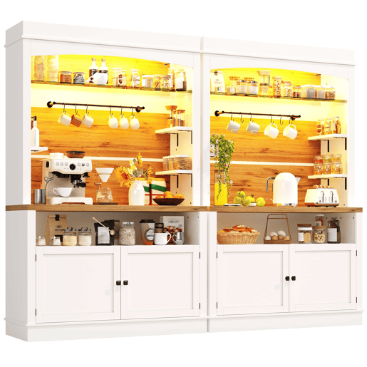 Aparador alto de 184 cm - Conjunto de 2 armários com iluminação LED, prateleiras de vidro e ganchos, capacidade máxima de 60 kg - Branco Aparador alto de 184 cm - Conjunto de 2 armários com iluminação LED, prateleiras de vidro e ganchos, capacidade máxima de 60 kg - Branco