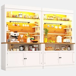 Aparador alto de 184 cm - Conjunto de 2 armários com iluminação LED, prateleiras de vidro e ganchos, capacidade máxima de 60 kg - Branco