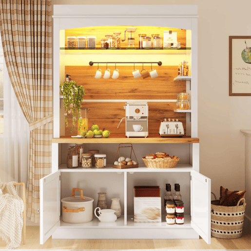 Aparador alto de 184 cm - Conjunto de 2 armários com iluminação LED, prateleiras de vidro e ganchos, capacidade máxima de 60 kg - Branco Aparador alto de 184 cm - Conjunto de 2 armários com iluminação LED, prateleiras de vidro e ganchos, capacidade máxima de 60 kg - Branco