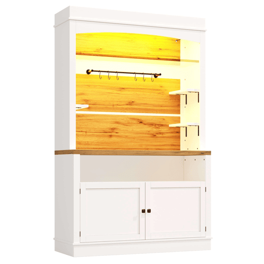 Aparador alto de 184 cm - Conjunto de 2 armários com iluminação LED, prateleiras de vidro e ganchos, capacidade máxima de 60 kg - Branco Aparador alto de 184 cm - Conjunto de 2 armários com iluminação LED, prateleiras de vidro e ganchos, capacidade máxima de 60 kg - Branco