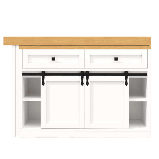Ilha de cozinha 120u2013197 cm - giratória a 360°, portas de correr estilo celeiro, 2 gavetas e prateleiras ajustáveis - Branco