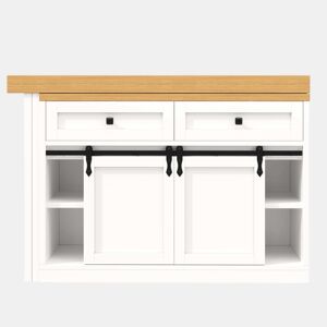 Ilha de cozinha 120u2013197 cm - giratória a 360°, portas de correr estilo celeiro, 2 gavetas e prateleiras ajustáveis - Branco
