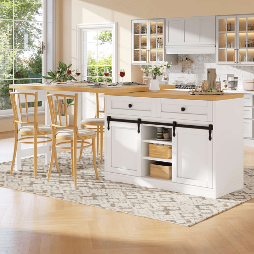 Ilha de cozinha 120u2013197 cm - giratória a 360°, portas de correr estilo celeiro, 2 gavetas e prateleiras ajustáveis - Branco