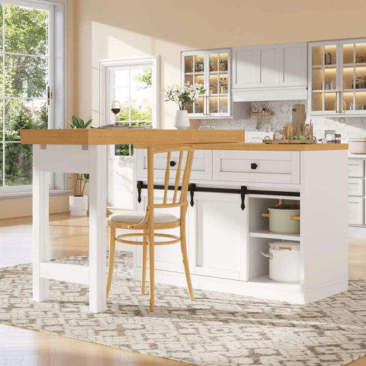 Ilha de cozinha 120u2013197 cm - giratória a 360°, portas de correr estilo celeiro, 2 gavetas e prateleiras ajustáveis - Branco