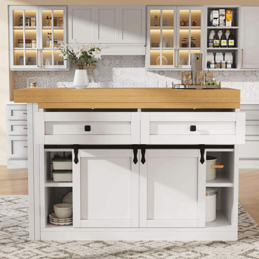 Ilha de cozinha 120u2013197 cm - giratória a 360°, portas de correr estilo celeiro, 2 gavetas e prateleiras ajustáveis - Branco