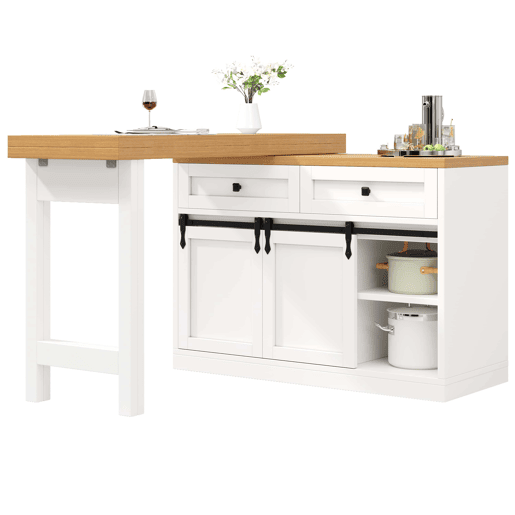 Ilha de cozinha 120u2013197 cm - giratória a 360°, portas de correr estilo celeiro, 2 gavetas e prateleiras ajustáveis - Branco