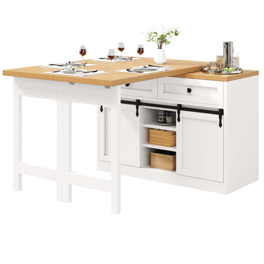 Ilha de cozinha 120u2013197 cm - giratória a 360°, portas de correr estilo celeiro, 2 gavetas e prateleiras ajustáveis - Branco