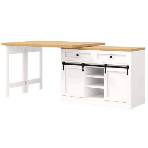 Ilha de cozinha 120u2013197 cm - giratória a 360°, portas de correr estilo celeiro, 2 gavetas e prateleiras ajustáveis - Branco