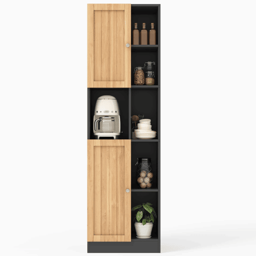 Armário de canto para cozinha 50×35,5×170 cm - 6 prateleiras abertas, 2 portas, prateleiras ajustáveis e sistema anti-tombamento - Preto e natural