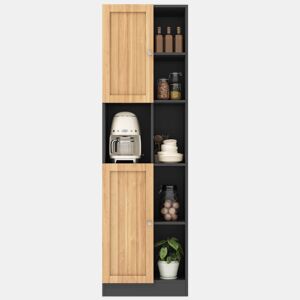 Armário de canto para cozinha 50×35,5×170 cm - 6 prateleiras abertas, 2 portas, prateleiras ajustáveis e sistema anti-tombamento - Preto e natural