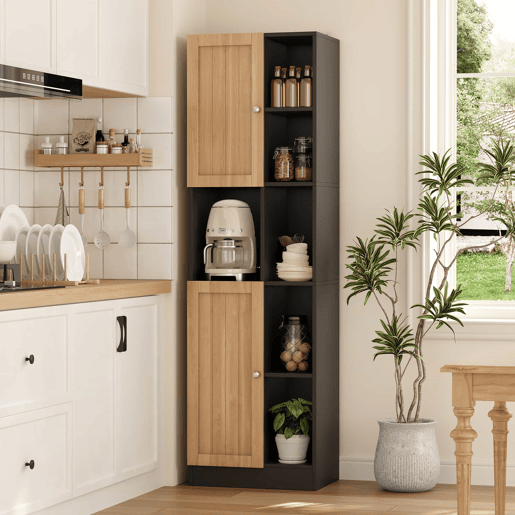 Armário de canto para cozinha 50×35,5×170 cm - 6 prateleiras abertas, 2 portas, prateleiras ajustáveis e sistema anti-tombamento - Preto e natural