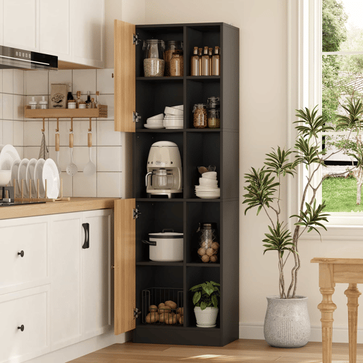 Armário de canto para cozinha 50×35,5×170 cm - 6 prateleiras abertas, 2 portas, prateleiras ajustáveis e sistema anti-tombamento - Preto e natural