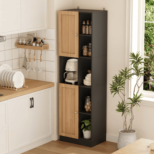 Armário de canto para cozinha 50×35,5×170 cm - 6 prateleiras abertas, 2 portas, prateleiras ajustáveis e sistema anti-tombamento - Preto e natural