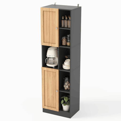 Armário de canto para cozinha 50×35,5×170 cm - 6 prateleiras abertas, 2 portas, prateleiras ajustáveis e sistema anti-tombamento - Preto e natural