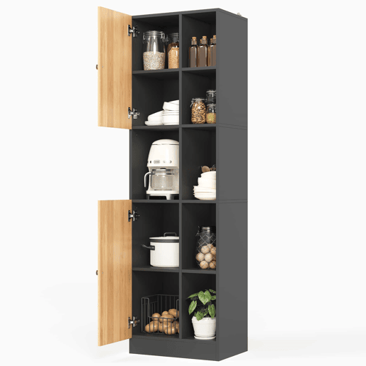 Armário de canto para cozinha 50×35,5×170 cm - 6 prateleiras abertas, 2 portas, prateleiras ajustáveis e sistema anti-tombamento - Preto e natural