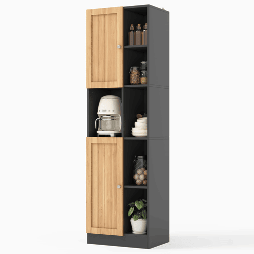 Armário de canto para cozinha 50×35,5×170 cm - 6 prateleiras abertas, 2 portas, prateleiras ajustáveis e sistema anti-tombamento - Preto e natural